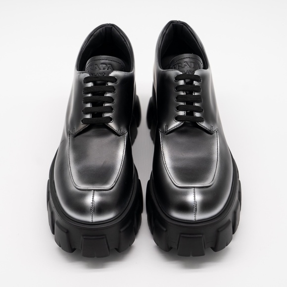 size 39.5eu 9.5 US Prada Monolith Brushed Leather Lace-up Shoes Black Silver - Picture 3 of 13